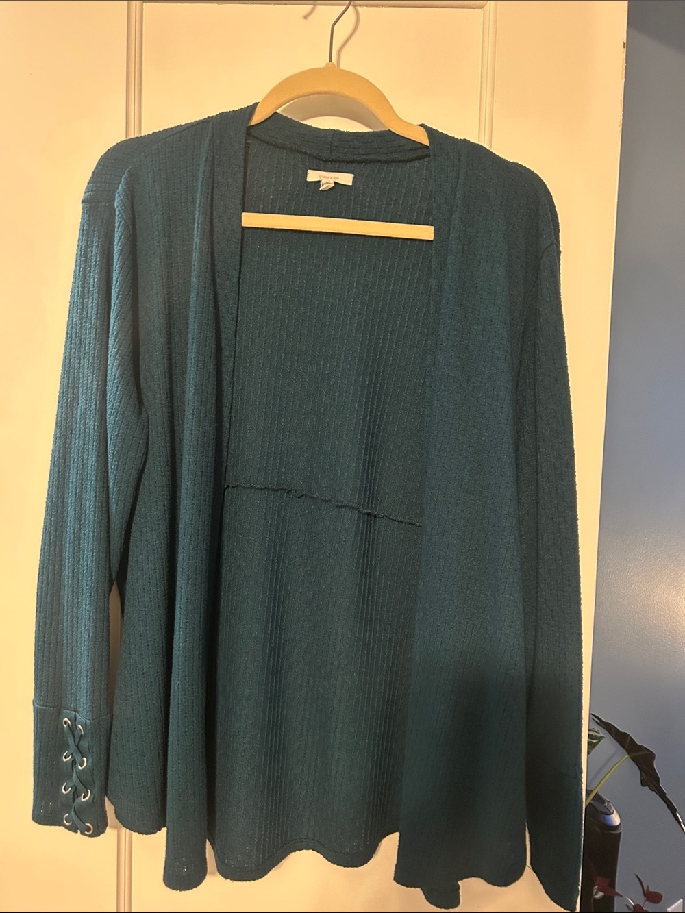 Maurices Teal Ribbed Open-Front Women’s Cardigan with Lace-Up Cuffs